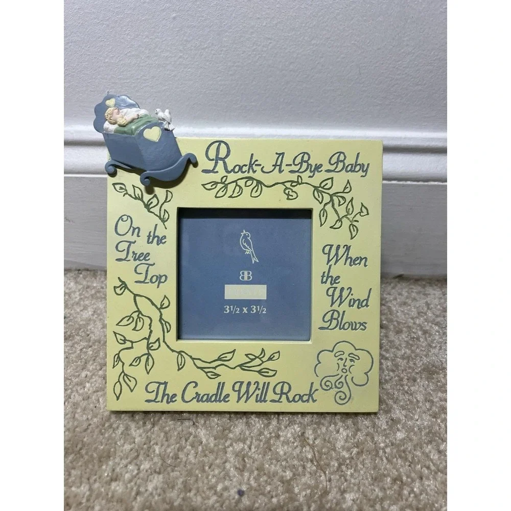 Vintage Hand Painted Rockabye Baby Yellow Nursery Decor Photo Frame 3.5 x 3.5